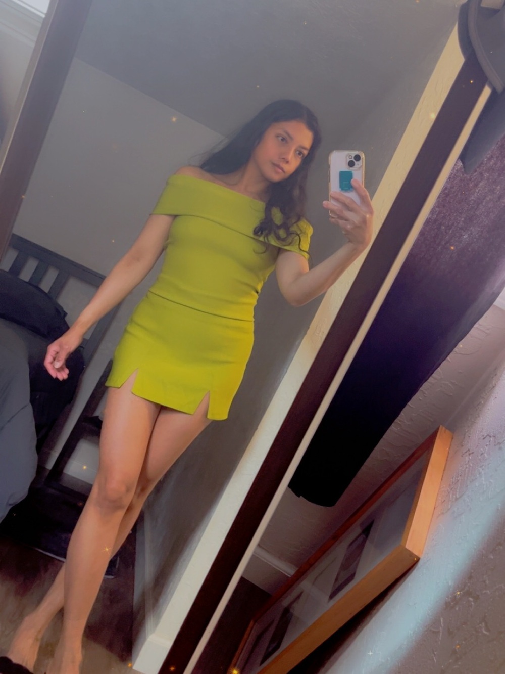 Zara Lime Green Off-Shoulder Bodycon Mini Dress